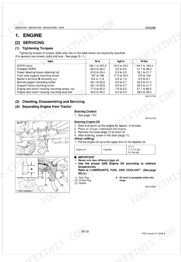 Kubota M8200DNB, M8200SDNB, M8200SDNBC engine torque specs table and oil draining and refilling procedures.