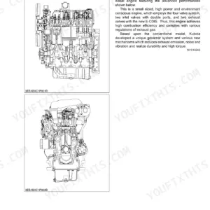 Kubota M8540, M9540 engine feature diagrams showing V3 series diesel engine cross-sections and E-CDIS valve system.