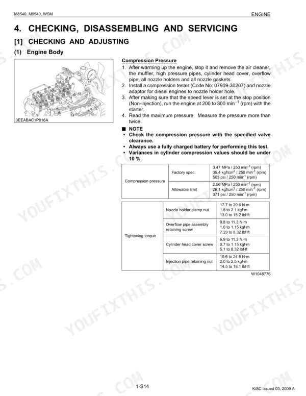 Kubota M8540, M9540 engine compression pressure testing procedure, specifications, and tightening torque table.
