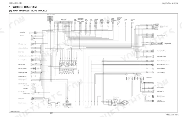 Kubota M8540, M9540 main harness wiring diagram for ROPS model showing electrical components, fuse box, and light circuits.