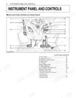 Kubota M8540 NARROW instrument panel and controls diagram with numbered list of pedals, levers, and switches.