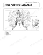 Kubota M8540 NARROW three-point hitch and drawbar diagram showing top link, lifting rods, stabilizer, and lower links.