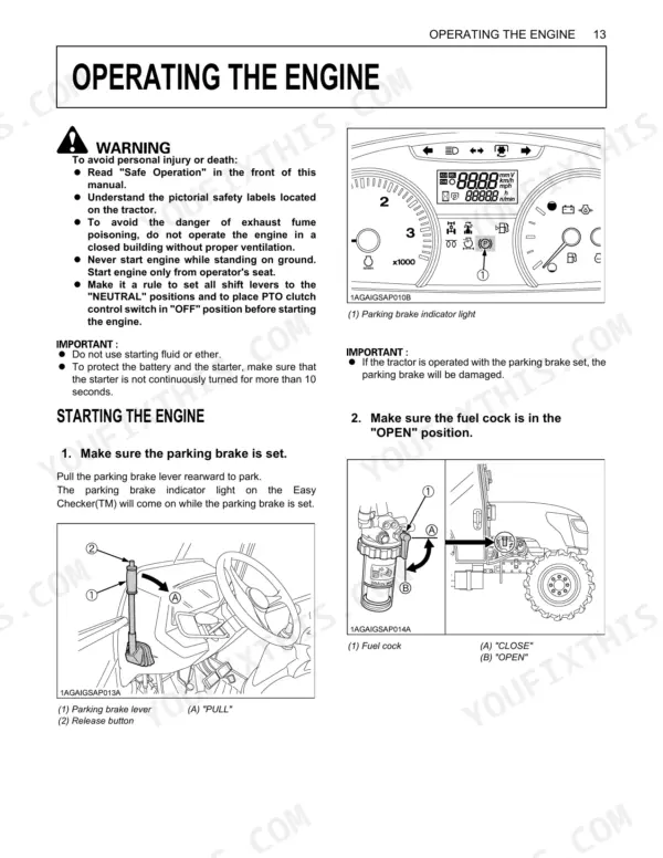 Kubota M8540 NARROW engine starting procedure, parking brake lever operation, and fuel cock position diagrams.