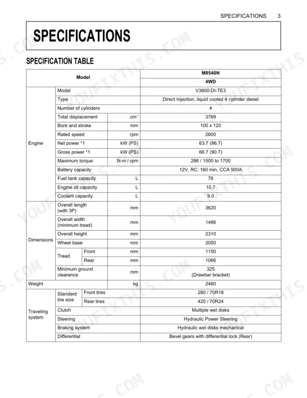 Kubota M8540 NARROW tractor specifications table including engine, dimensions, weight, and traveling system data.