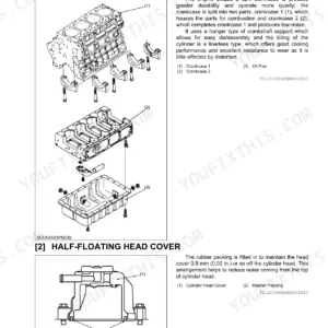 Kubota M8560, M9960 engine exploded view of cylinder block, crankcase, oil pan, and half-floating head cover components.