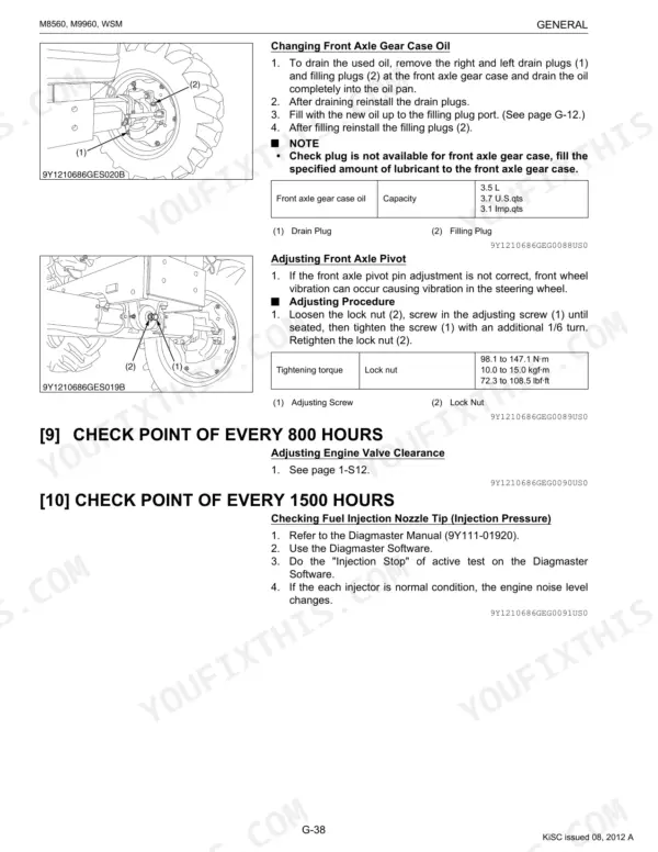 Kubota M8560, M9960 manual: front axle gear oil change, pivot adjustment, and fuel injection nozzle check procedures.