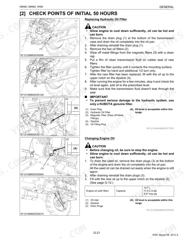 Kubota M8560, M9960 procedures for replacing hydraulic oil filters and changing engine oil with component diagrams.