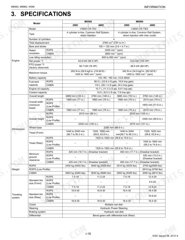 Kubota M8560, M9960 tractor technical specifications table including engine, dimensions, weight, and traveling system data.