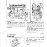 Kubota M110, M120 engine features, cross-section diagrams, and cylinder block exploded view component identification.