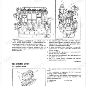 Kubota M110, M120 engine features, cross-section diagrams, and cylinder block exploded view component identification.