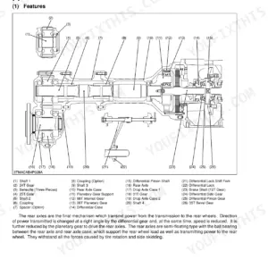 Kubota M9000DT-M rear axle mechanism diagram with numbered components including shafts, gears, and differential lock.