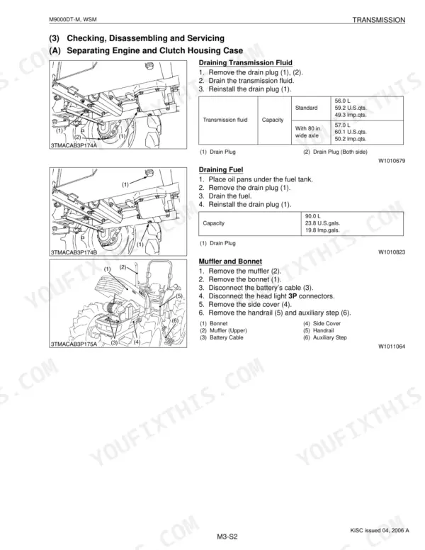 Kubota M9000DT-M procedures for draining transmission fluid, fuel, and removing the muffler and bonnet with capacity tables.
