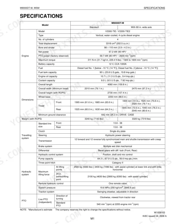 Kubota M9000DT-M tractor technical specifications table covering engine, dimensions, weight, and hydraulic systems.