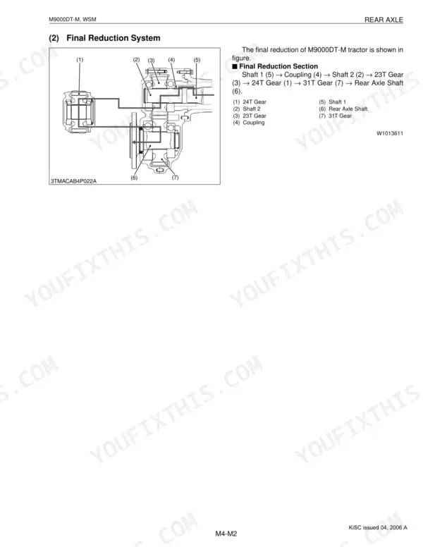Kubota M9000DT-M rear axle final reduction system diagram showing gear and shaft power flow path components.