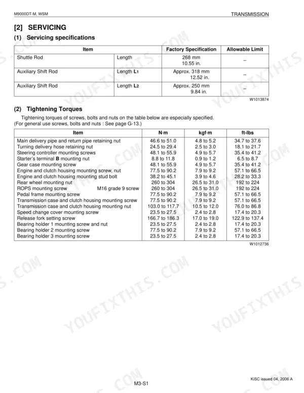 Kubota M9000DT-M transmission servicing specifications table and tightening torque values for bolts and nuts.