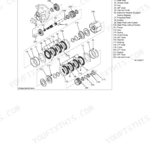 Kubota M9540 Dual Speed exploded view of the shuttle clutch assembly, showing gears, shafts, and clutch plates.