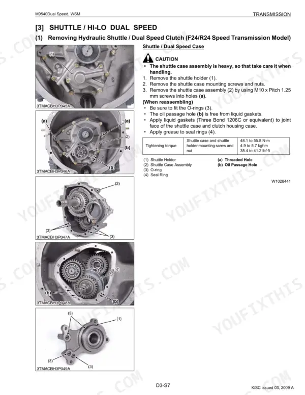 Kubota M9540 Dual Speed transmission shuttle clutch removal procedure with torque specs and component diagrams.