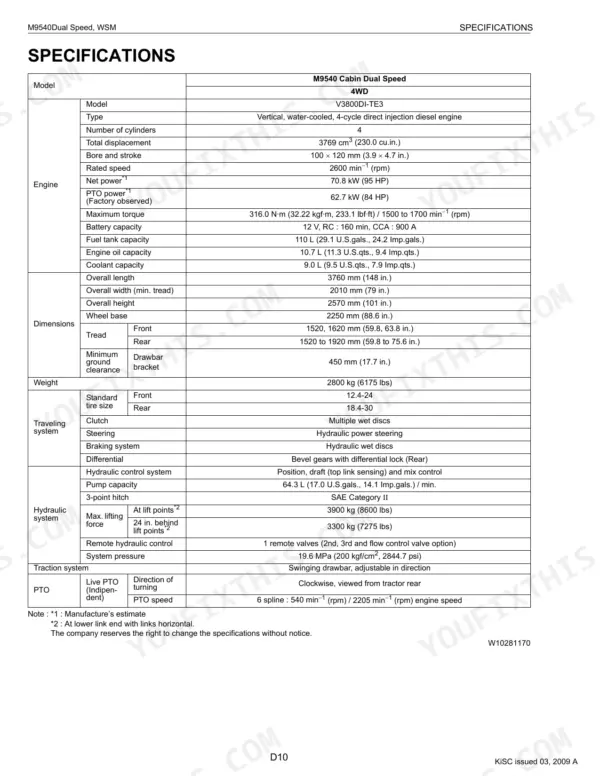 Kubota M9540 Dual Speed technical specifications table including engine, dimensions, hydraulic, and PTO data.