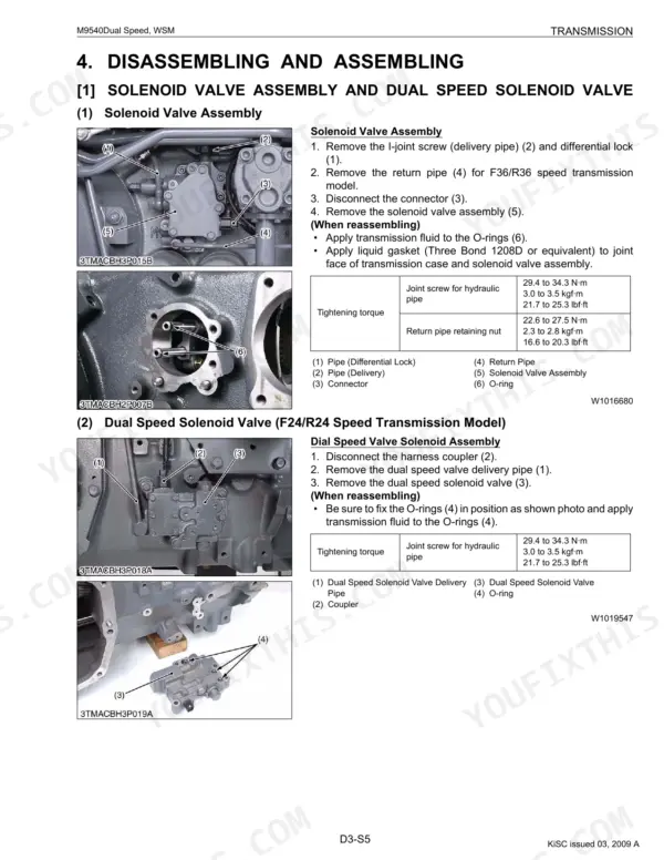Kubota M9540 Dual Speed solenoid valve assembly and dual speed solenoid valve disassembly and torque specifications.