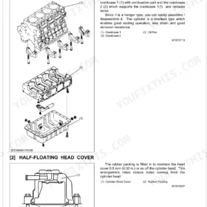 Kubota M9540 Dual Speed engine cylinder block exploded view and half-floating head cover assembly diagram.