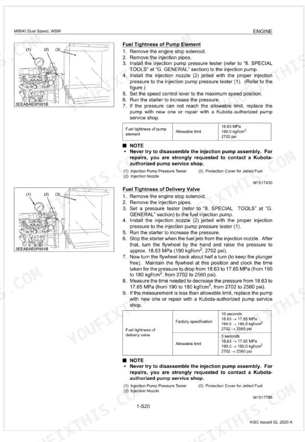 Kubota M9540 Dual Speed engine fuel pump element and delivery valve tightness test procedures and specifications.