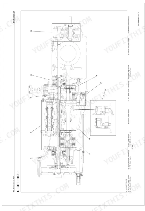 Kubota M9540 Dual Speed transmission structure diagram showing gear, clutch, PTO, and hydraulic pump sections.