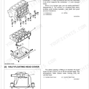 Kubota M95S, M105S engine cylinder block exploded view and half-floating head cover diagram.