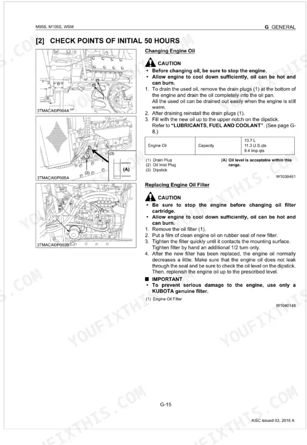 Kubota M95S, M105S manual page for 50-hour engine oil and filter change procedures, including drain plug and dipstick diagrams.