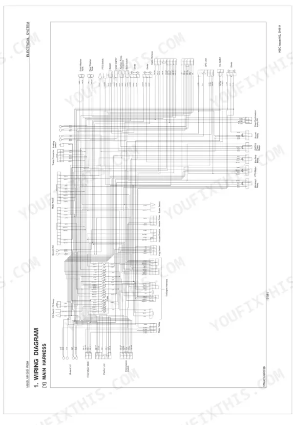 Kubota M95S, M105S main harness electrical wiring diagram showing fuses, relays, and component connections.