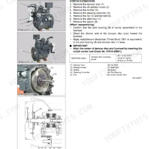 Kubota M95X, M105X, M125X V3800 engine external components removal, damper disc assembly, and torque specifications.