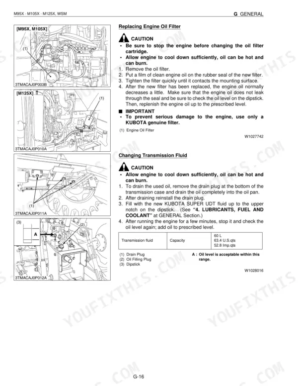 Kubota M95X, M105X, M125X procedures for replacing engine oil filter and changing transmission fluid with capacity table.