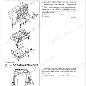 Kubota M96S, M108S, M96SDTM exploded view of engine cylinder block, crankcase, oil pan, and half-floating head cover.