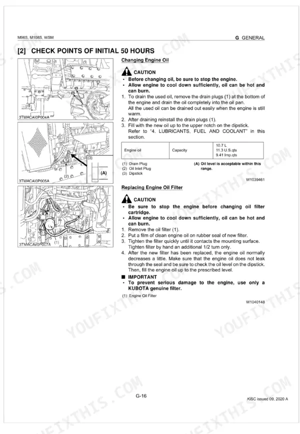 Kubota M96S, M108S, M96SDTM engine oil and filter change procedure, including drain plug and dipstick diagrams.