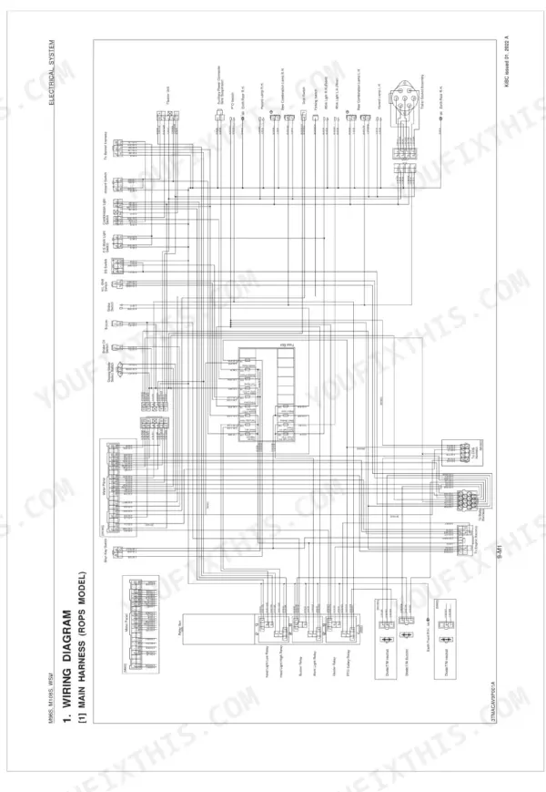 Kubota M96S, M108S main harness wiring diagram showing fuse box, relay box, meter panel, and lighting connections.
