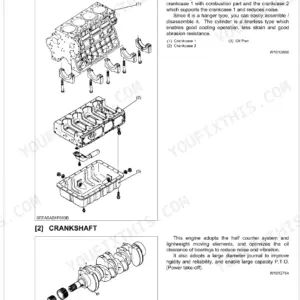 Kubota ME8200, ME9000 exploded view of engine cylinder block, crankcase, oil pan, and crankshaft components.
