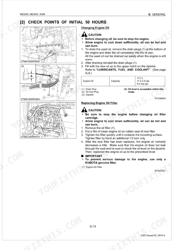 Kubota ME8200, ME9000 engine oil and filter change procedure, including drain plug, dipstick, and filter location diagrams.