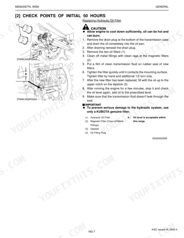 Kubota ME8200DTN procedure for replacing hydraulic oil filter and checking oil level with diagrams.