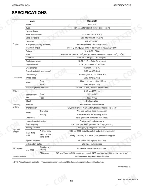 Kubota ME8200DTN technical specifications table covering engine, dimensions, traveling, hydraulic, and PTO systems.