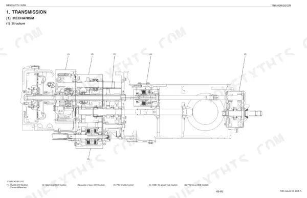 Kubota ME8200DTN transmission structure diagram showing shuttle, main gear, auxiliary, PTO, and 4WD sections.