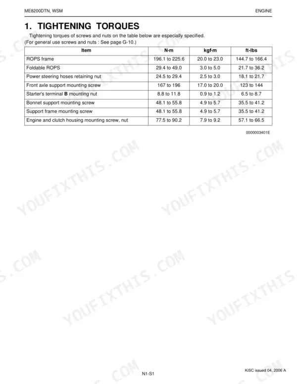 Kubota ME8200DTN engine tightening torque specifications table for ROPS, steering, starter, and housing components.
