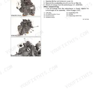 Kubota MX4700, MX5100 engine external components removal procedure showing tank stay, oil filter, and turbocharger.