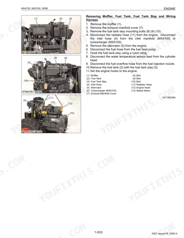 Kubota MX4700, MX5100 engine procedure for removing muffler, fuel tank, fuel tank stay, and wiring harness.
