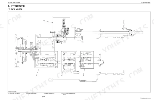 Kubota MX4700, MX5100 2WD transmission structure diagram showing main gear, shuttle shift, range gear, and PTO clutch sections.
