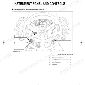 Kubota MX4800, MX5200, MX5800 instrument panel and controls diagram showing DPF, light, and key switches.