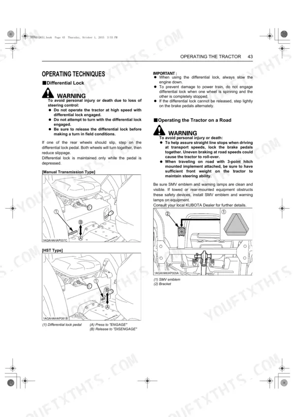 Kubota MX4800, MX5200, MX5800 manual page showing differential lock operation and SMV emblem placement diagrams.