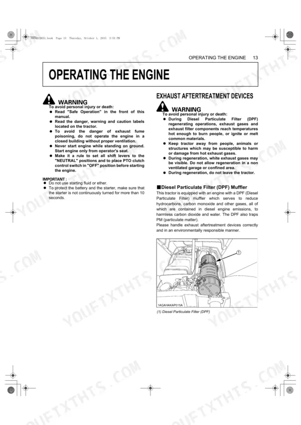 Kubota MX4800, MX5200, MX5800 engine operation safety warnings and DPF muffler exhaust aftertreatment system diagram.