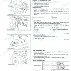 Kubota MX5000 transmission case fluid draining, battery cable removal, and rear wheel seat disassembly procedures.