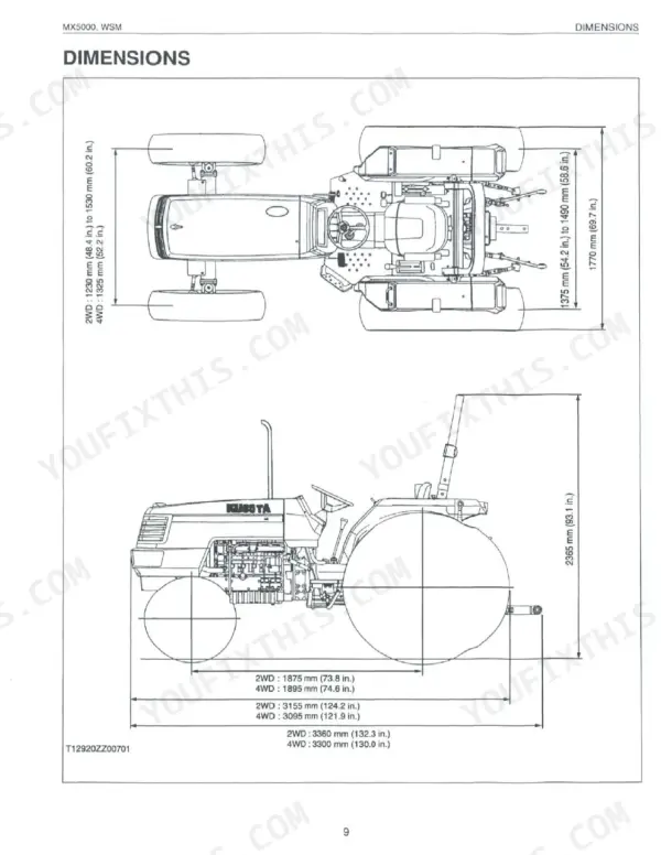 Kubota MX5000 tractor dimensions diagram showing top and side views with 2WD and 4WD length, width, and height specifications.