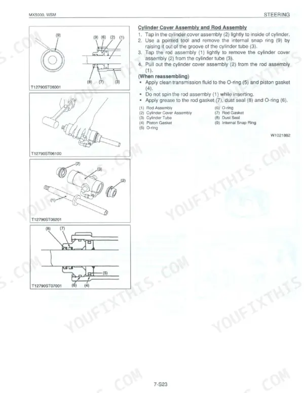 Kubota MX5000 steering cylinder cover and rod assembly disassembly and reassembly procedure diagrams.