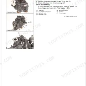 Kubota MX5100, MX5100HST engine external components removal procedure, turbocharger, oil filter, and tank stay diagrams.